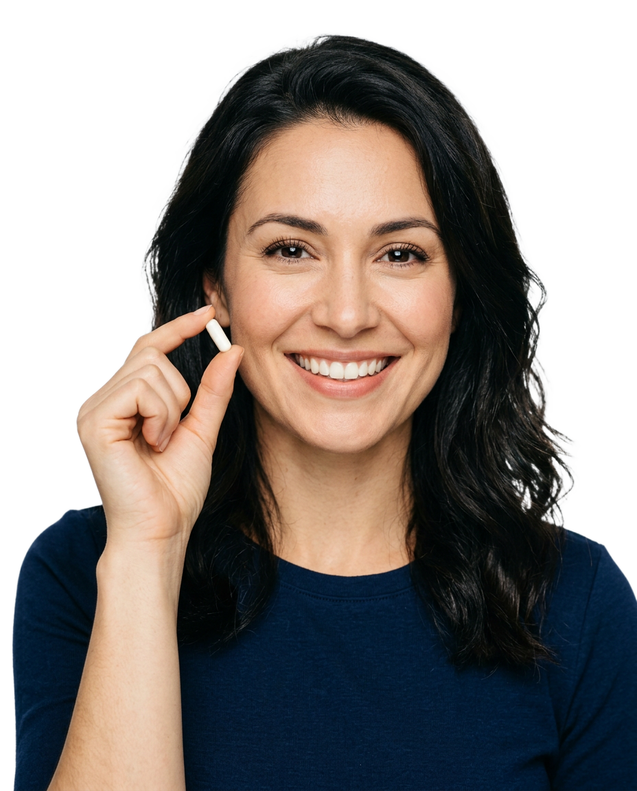 Smiling woman holding a Nuvary capsule